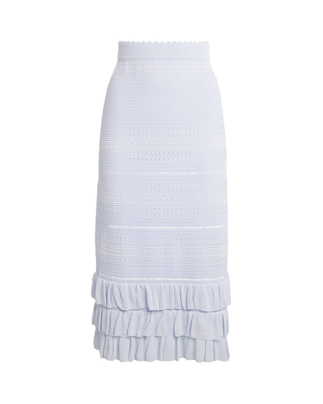Maje White Ruffled Pointelle-Knit Midi Skirt
