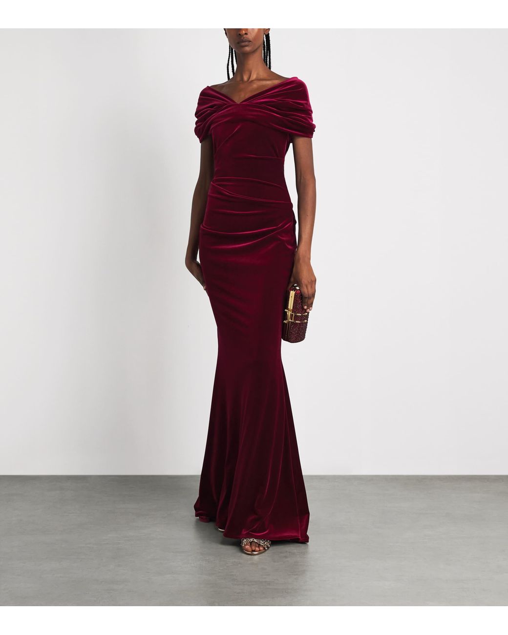 Talbot Runhof Red Stretch-Velvet Ruched Gown