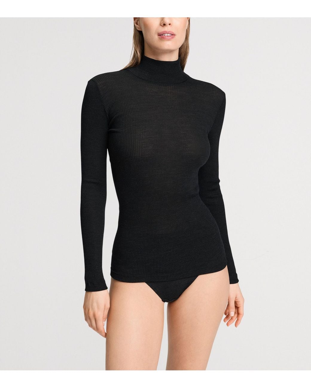 Hanro Black Wool-Silk Funnel-Neck Top