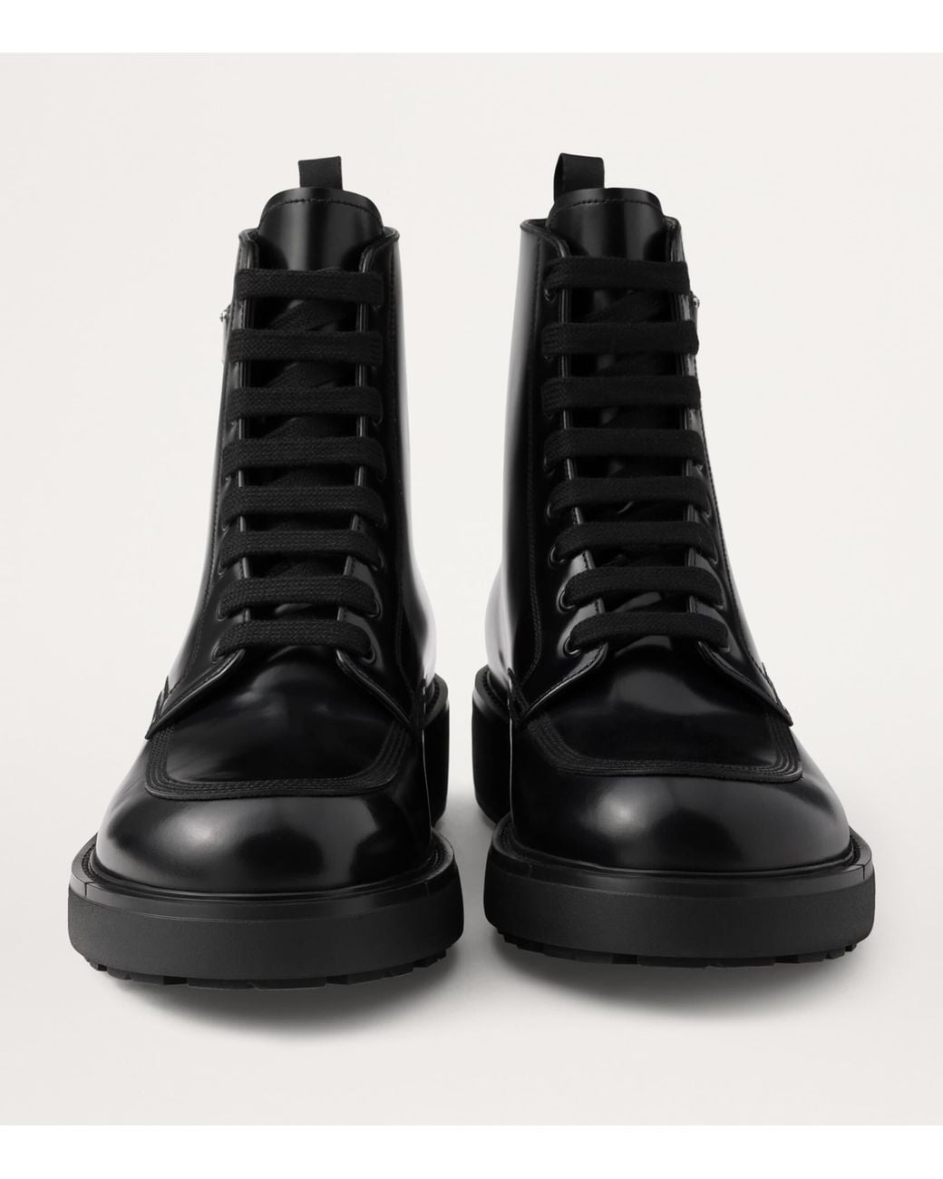 Prada Black Leather Logo-Plate Lace-Up Boots for men