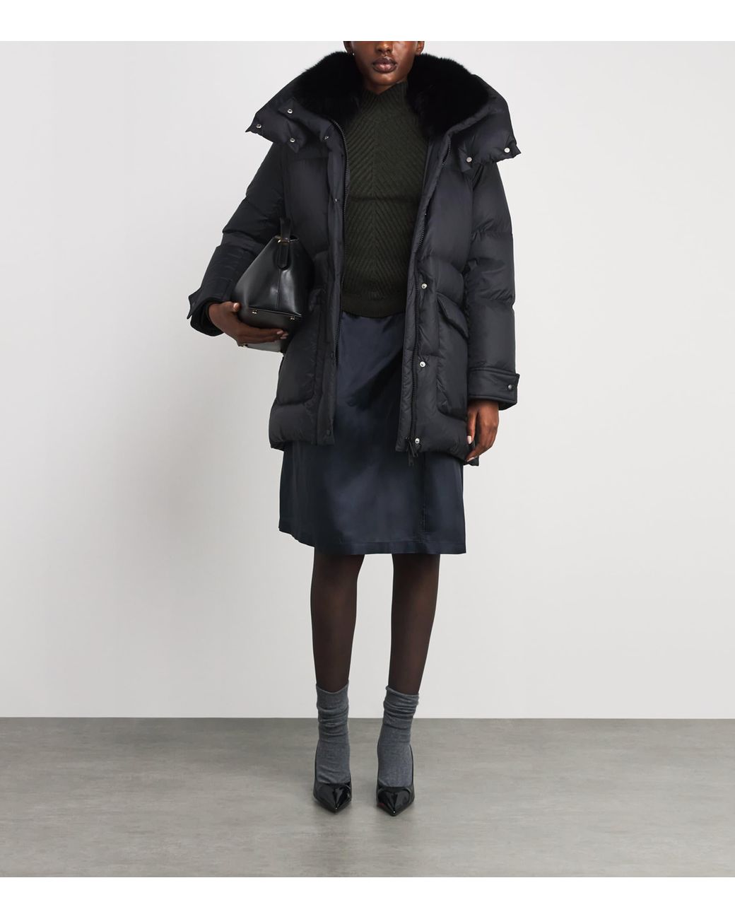 Yves Salomon Black Down Fur-Trim Adaptable Parka Coat
