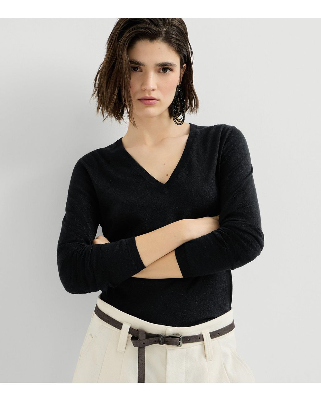 Brunello Cucinelli Black Cashmere-Blend Sparkle V-Neck Sweater