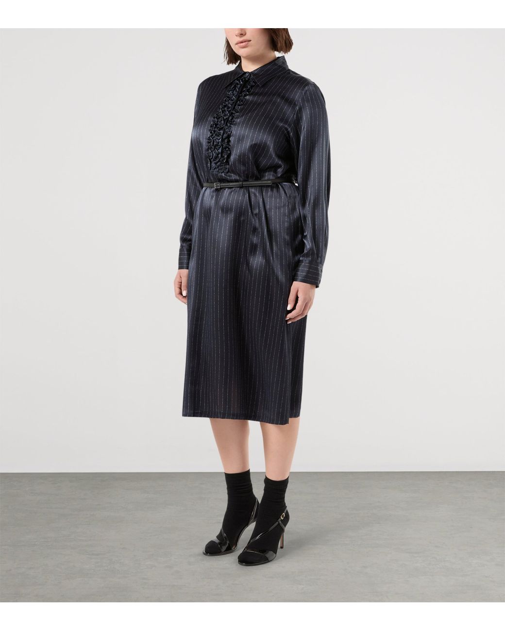 Marina Rinaldi Blue Silk Pinstripe Midi Dress