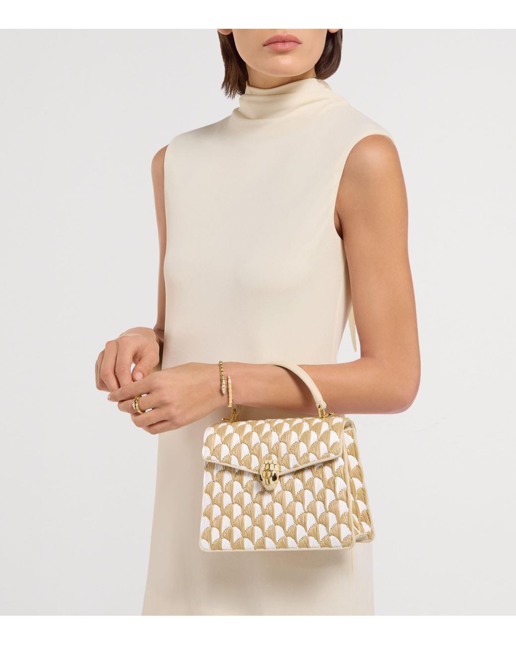 BVLGARI Metallic Medium Raffia Serpenti Forever Top-Handle Bag