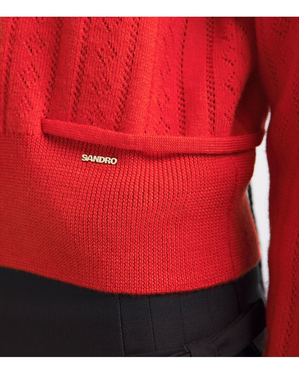 Sandro Red Wool-Blend Pointelle Knit Cardigan
