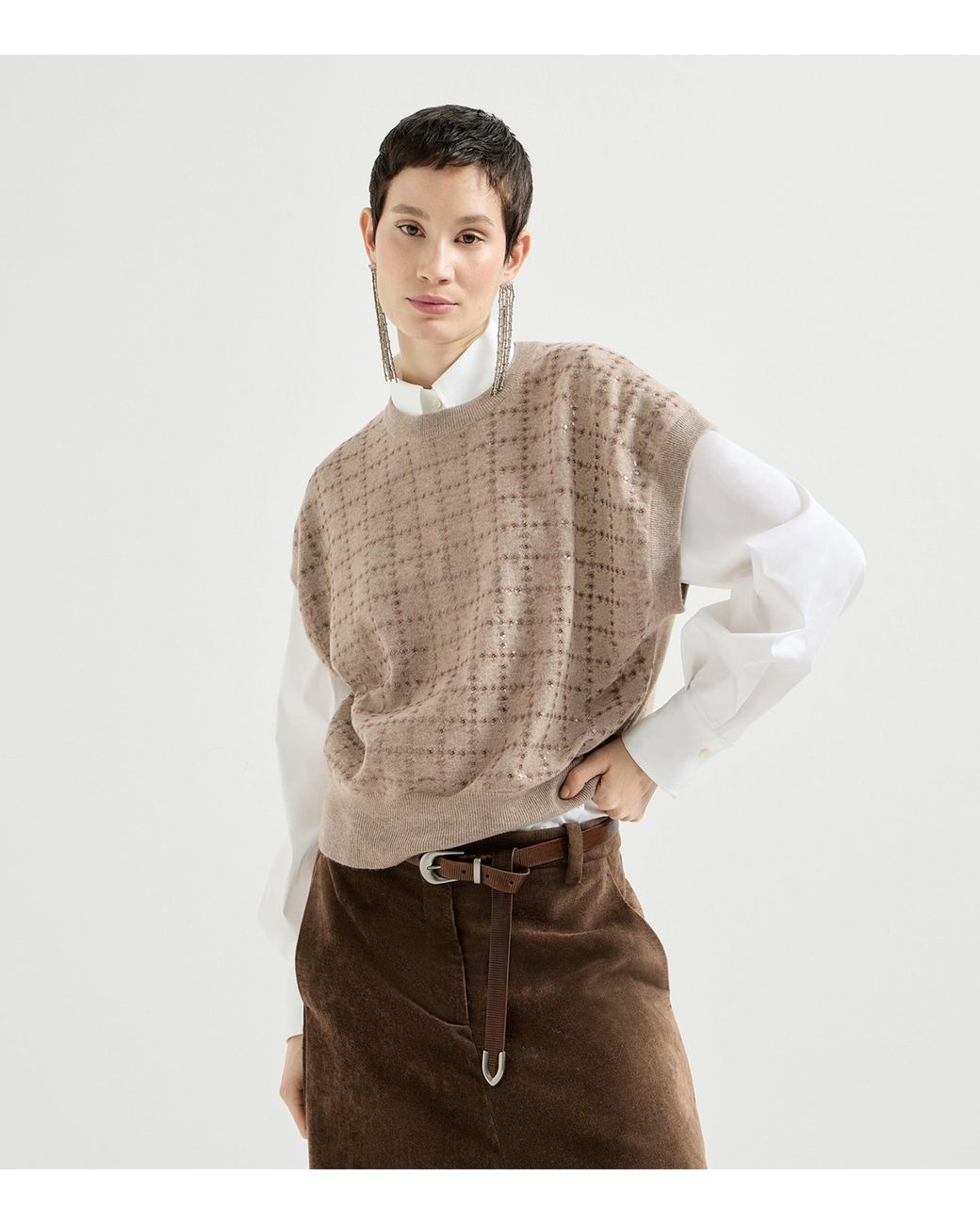 Brunello Cucinelli Natural Cashmere Sequin Check Knit T-Shirt