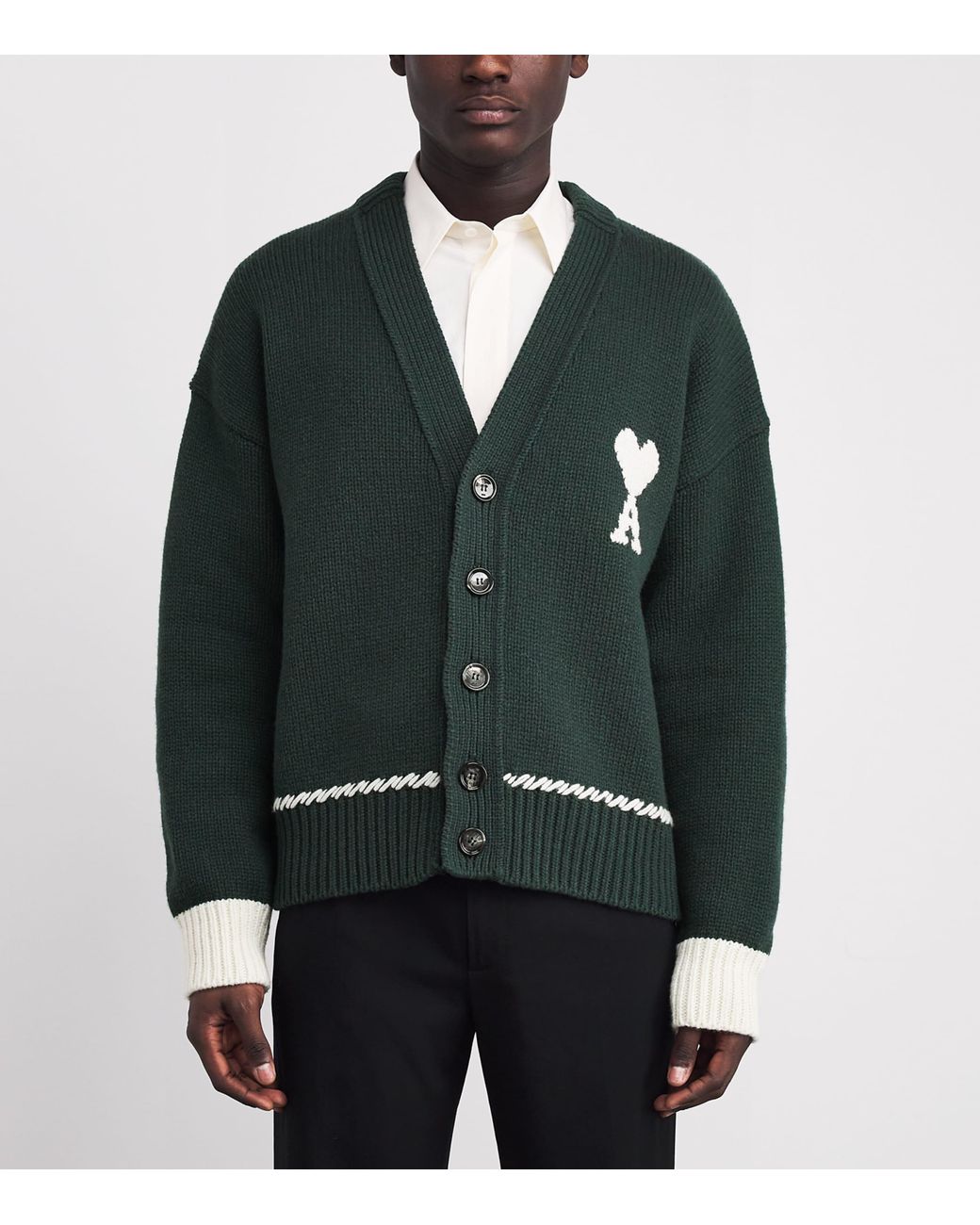 AMI Green Wool-Blend Whipstitch Logo Cardigan for men