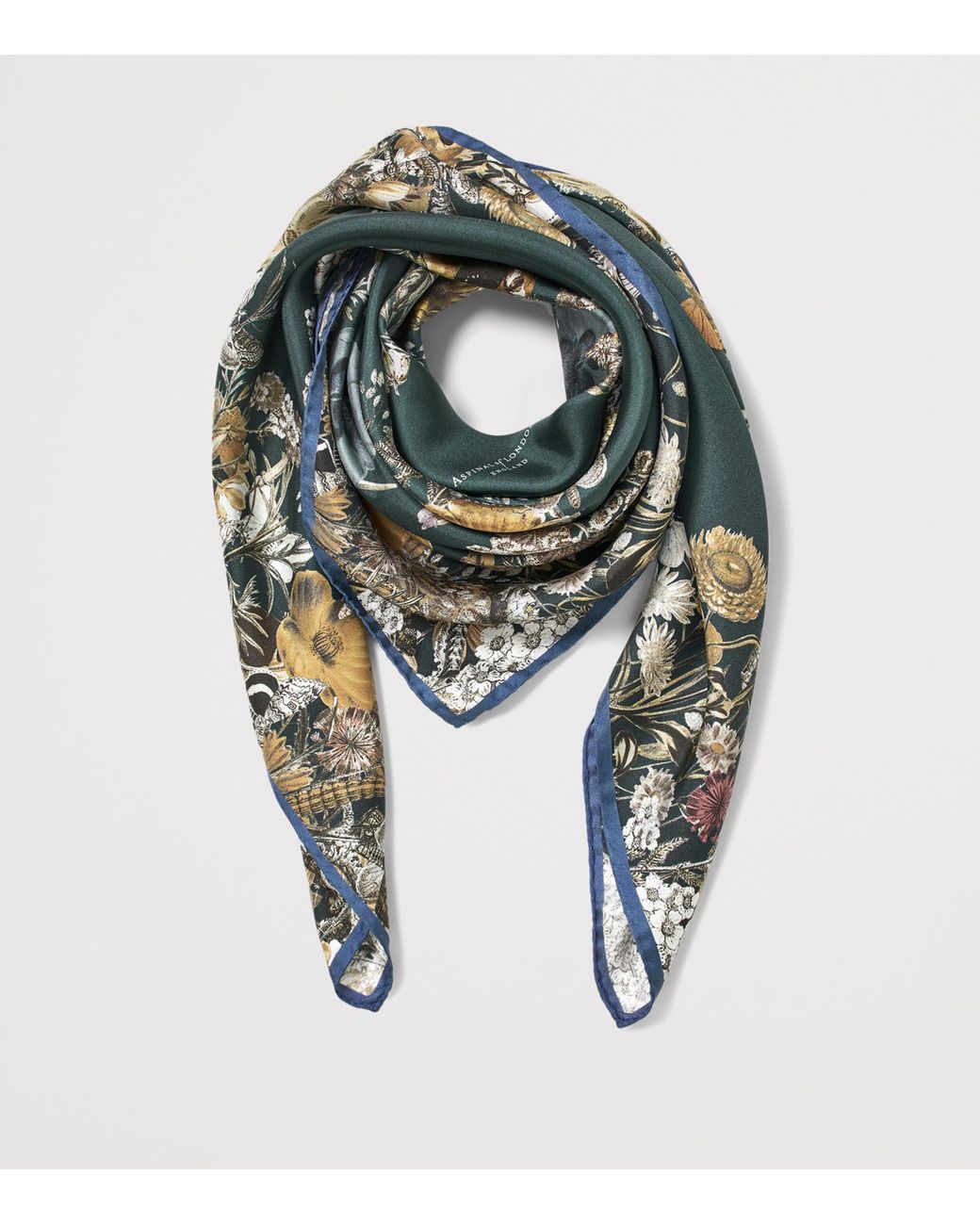 Aspinal Green Silk Floral Monogram Scarf