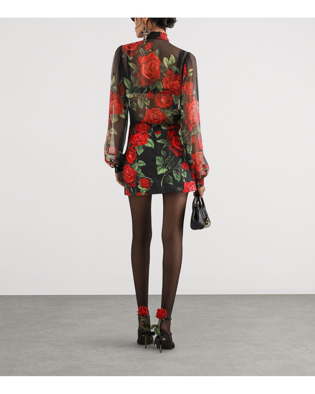 Dolce & Gabbana Brown Silk Rose-Print Pussybow Shirt