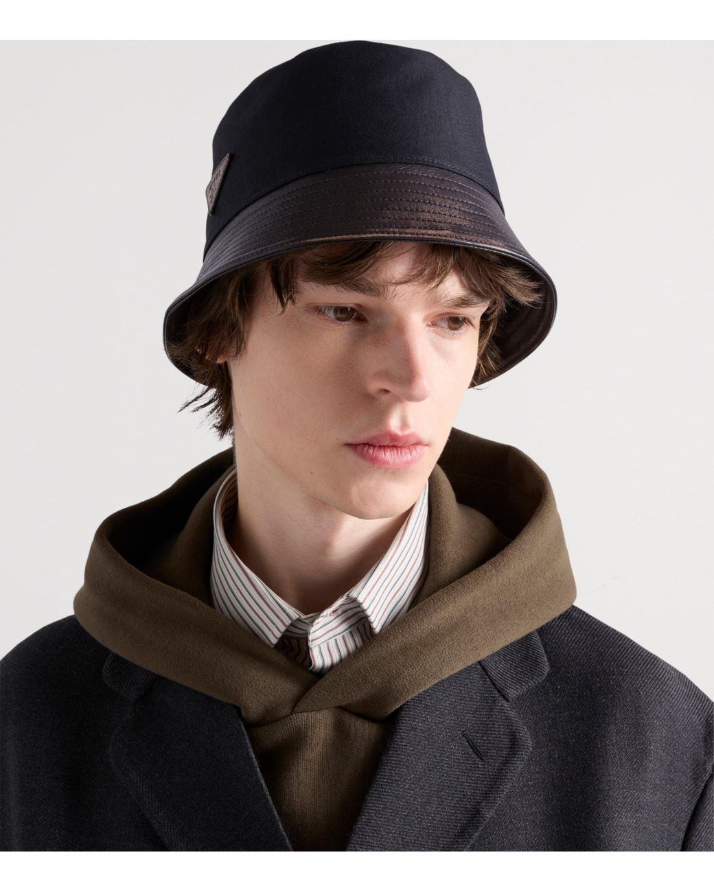 Prada Blue Leather-Trim Logo Bucket Hat for men