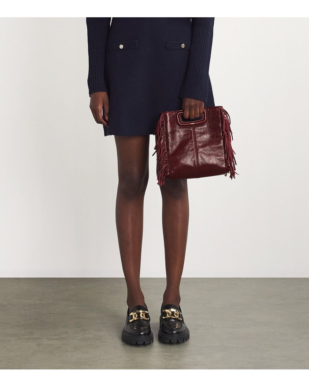 Maje Red Cracked Leather Fringed M Bag