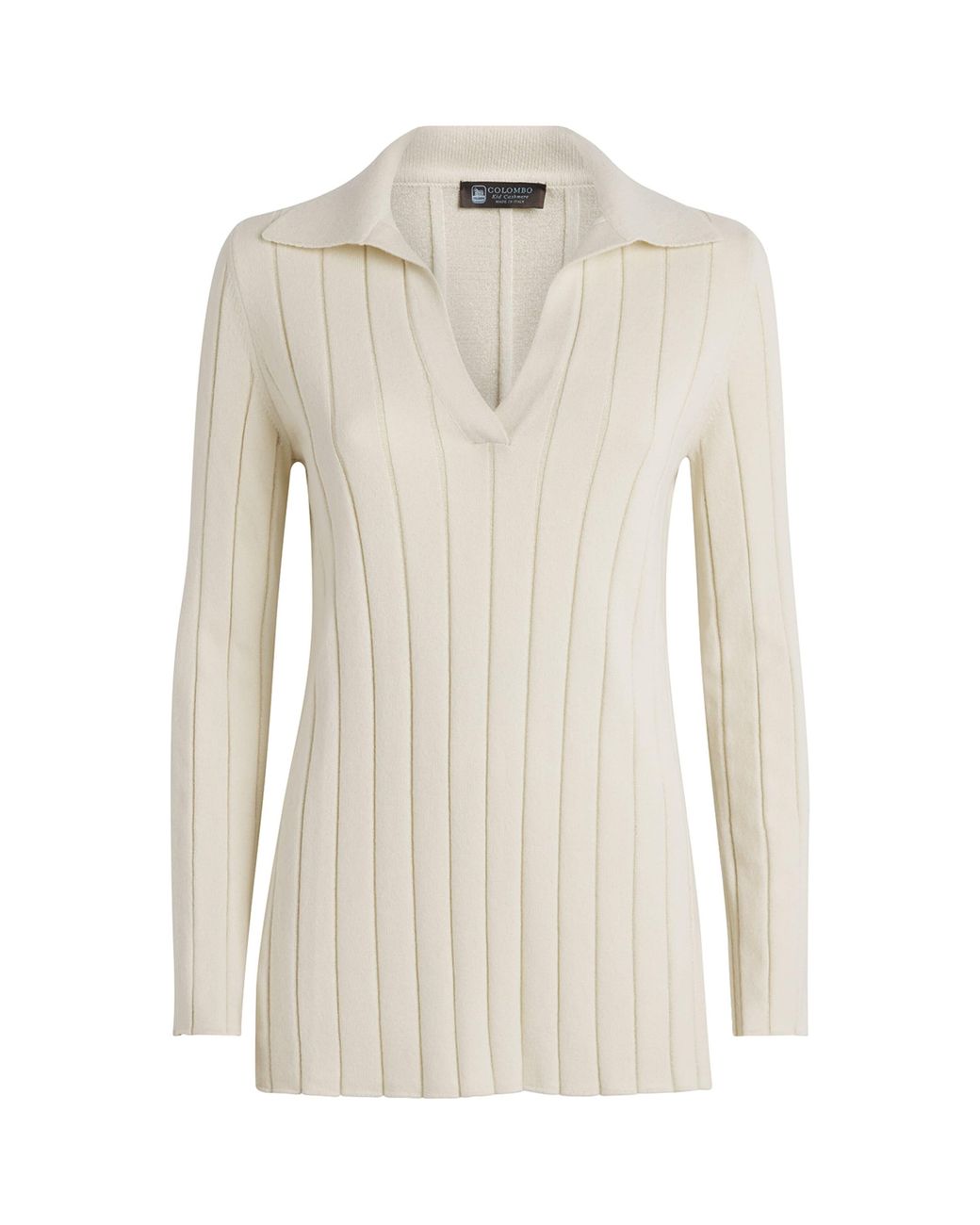 Colombo White Cashmere Ribbed Polo Sweater