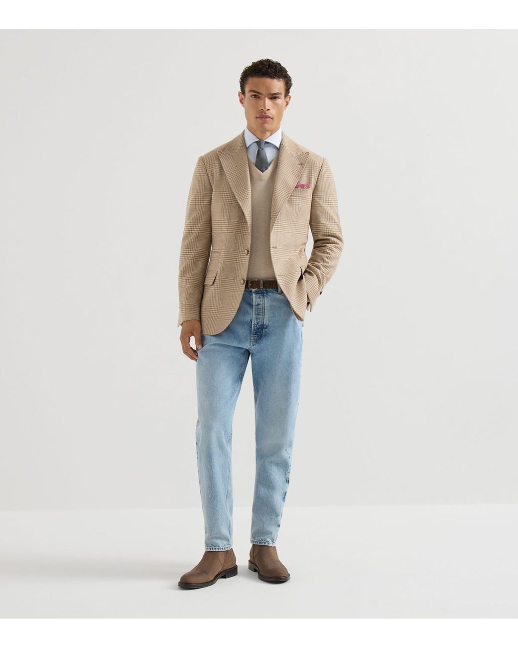 Brunello Cucinelli Brown Wool-Cashmere-Blend Check Blazer for men