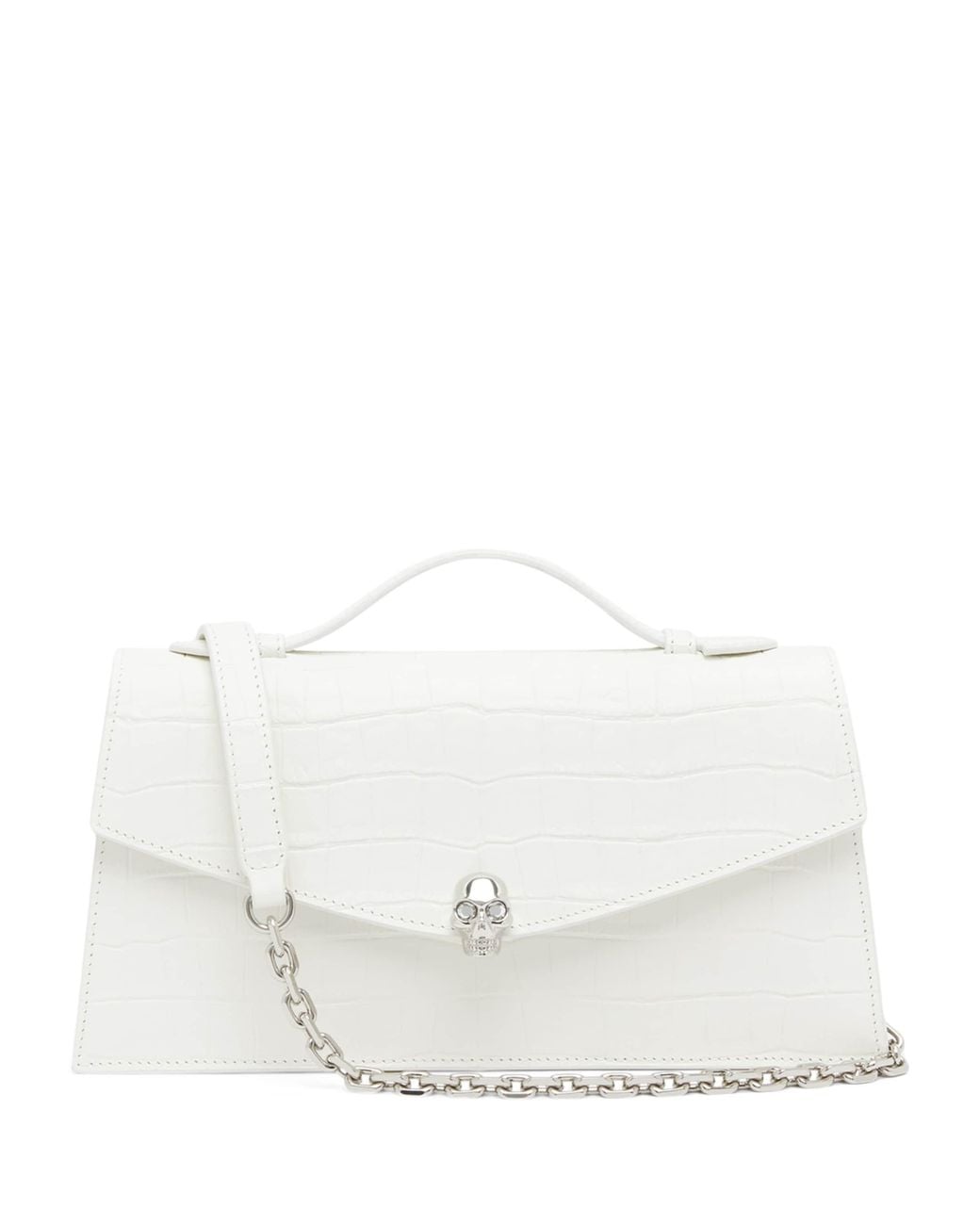 McQueen White Croc-Embossed Skull Top-Handle Bag