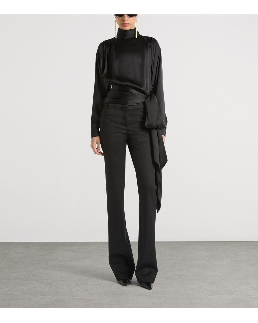 Balmain Black Silk Satin Tie-Neck Blouse