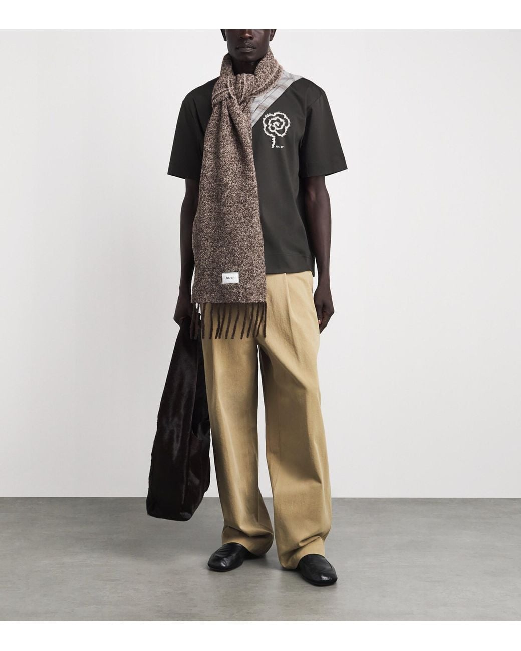 NN07 Brown Alpaca-Wool-Blend Fringed Scarf for men