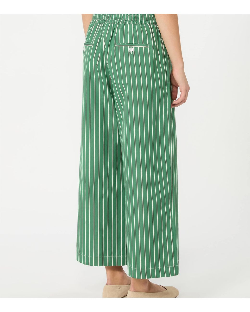 Weekend by Maxmara Green Cotton Striped Wide-Leg Trousers