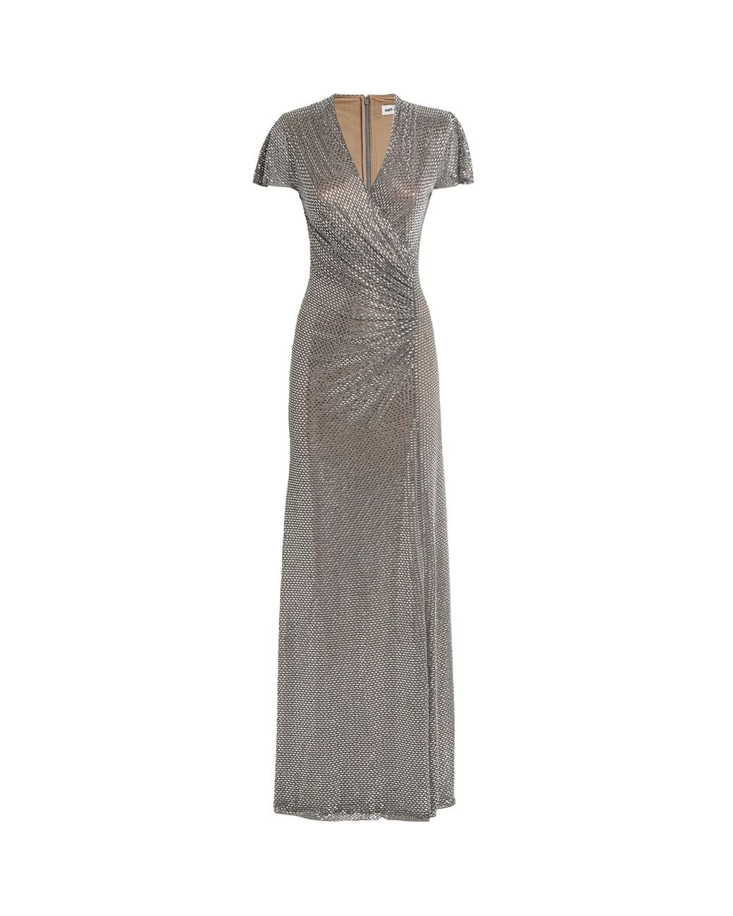 Self-Portrait Gray Rhinestone Wrap Maxi Dress