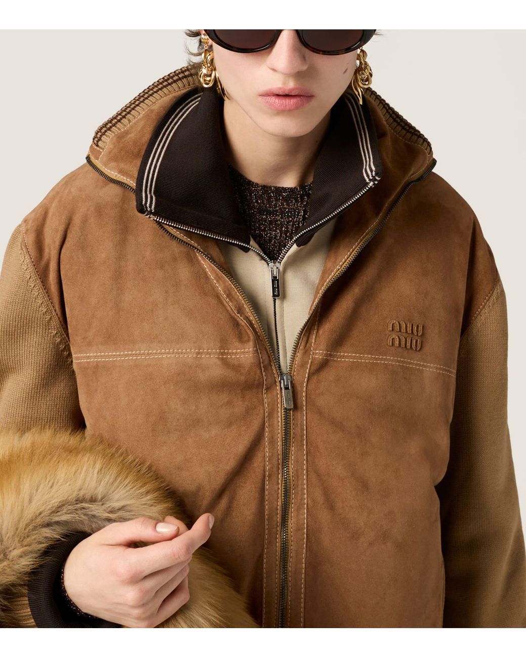 Miu Miu Brown Wool-Leather Zip Cardigan