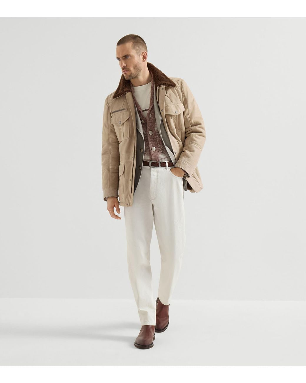 Brunello Cucinelli Brown Jacquard Shawl-Collar Cardigan for men
