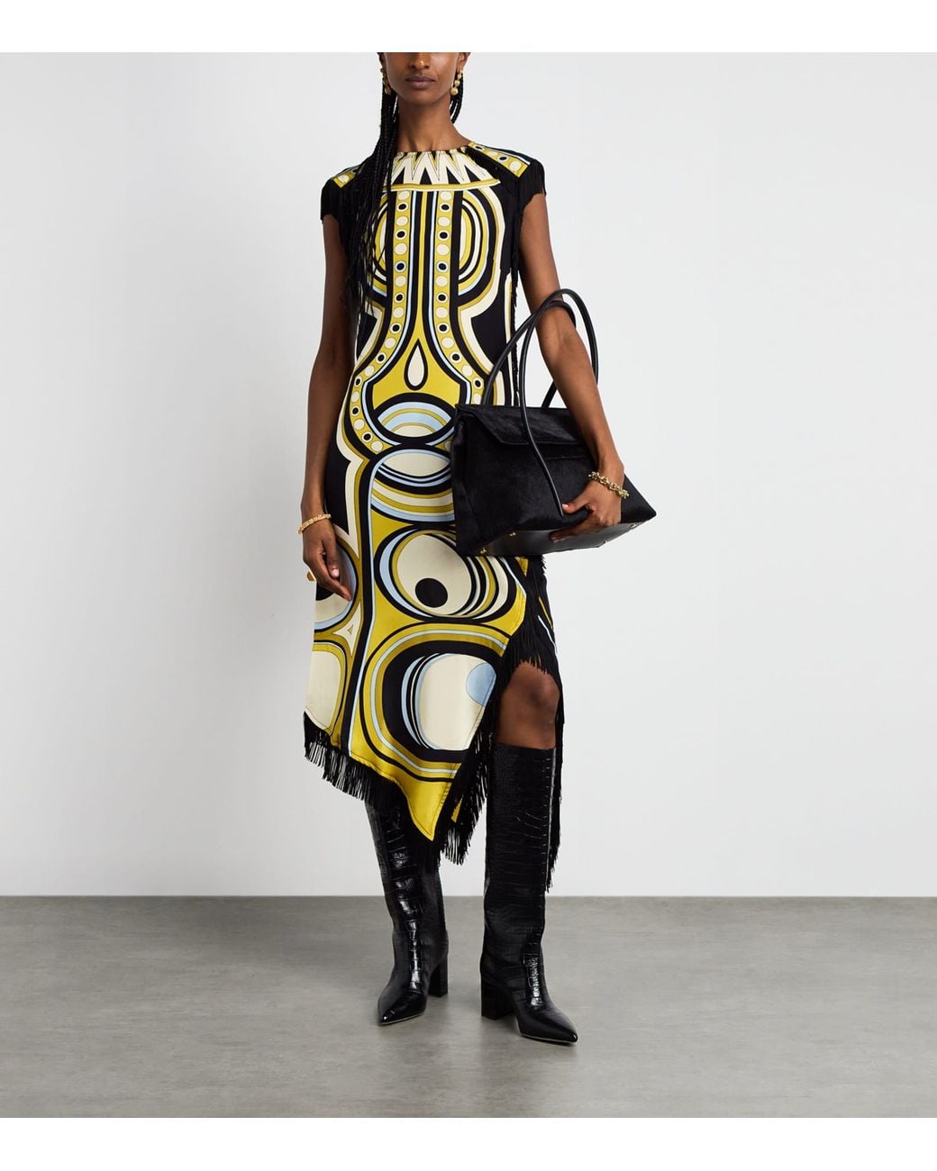 LaDoubleJ Metallic Silk Fringe-Trim Printed Midi Dress