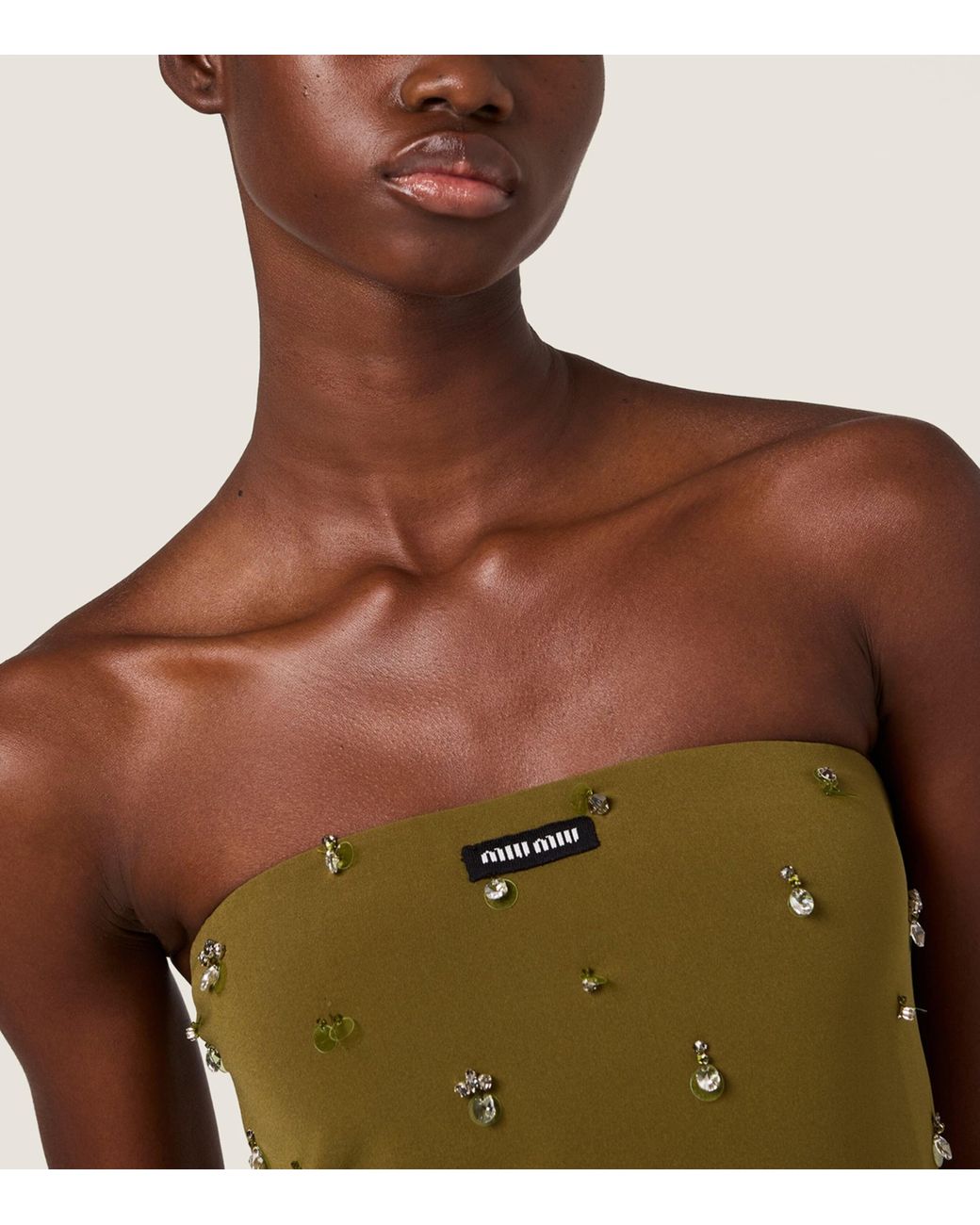 Miu Miu Green Silk Embellished Strapless Mini Dress