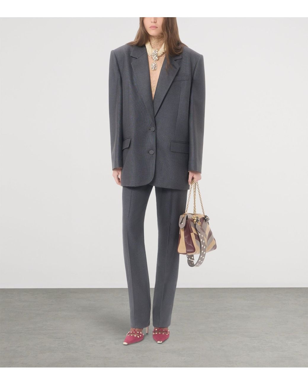 Valentino Gray Silk-Wool Straight Trousers