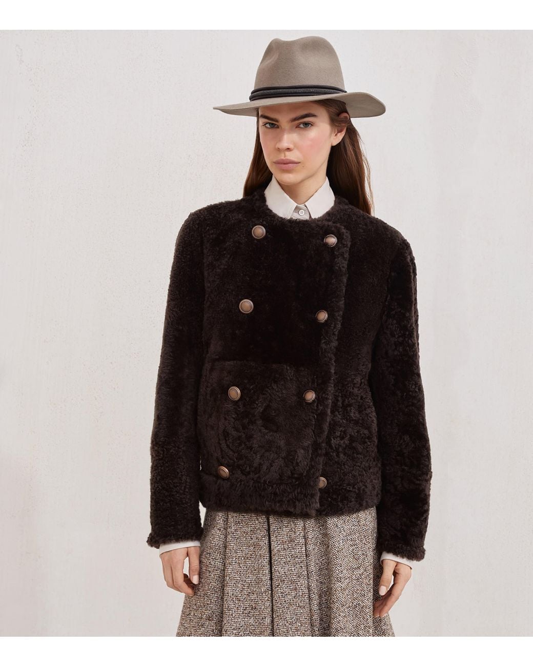Brunello Cucinelli Black Shearling-Leather Reversible Pea Coat