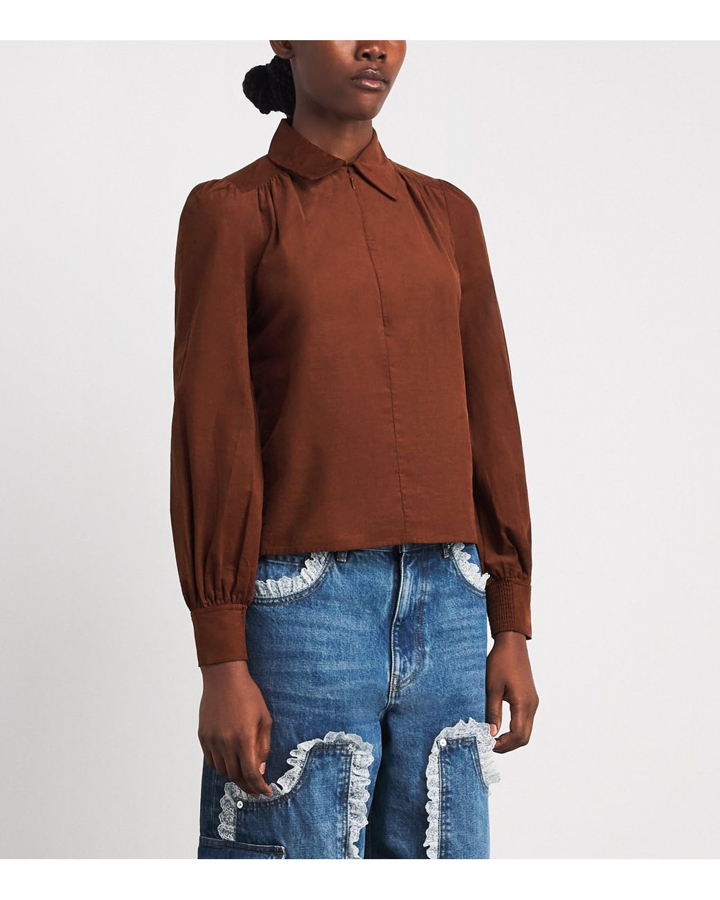 ME+EM Brown Corduroy Zip-Neck Blouse