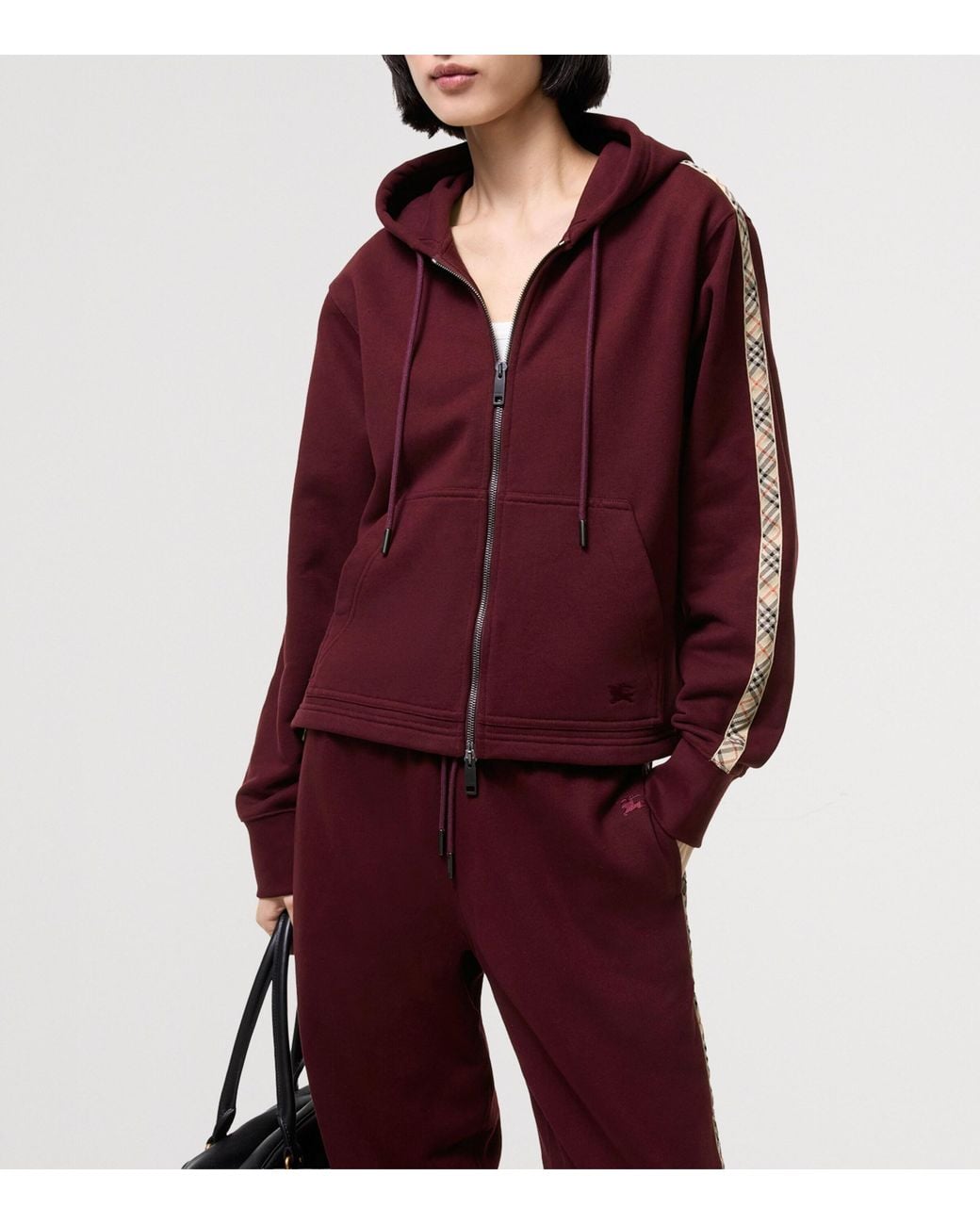 Burberry Purple Cotton Check-Trim Zip-Up Hoodie