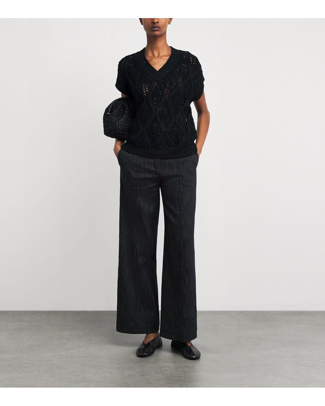 Eleventy Black Cotton-Linen Sequin Short-Sleeve Sweater