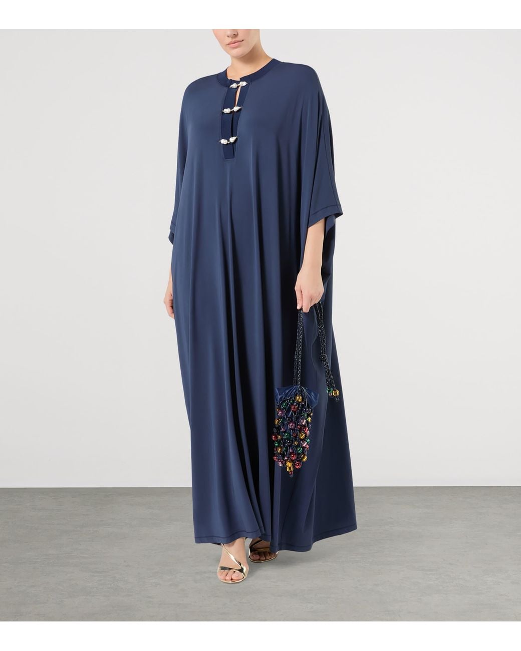 Marina Rinaldi Blue Jersey Pearl-Detail Maxi Dress