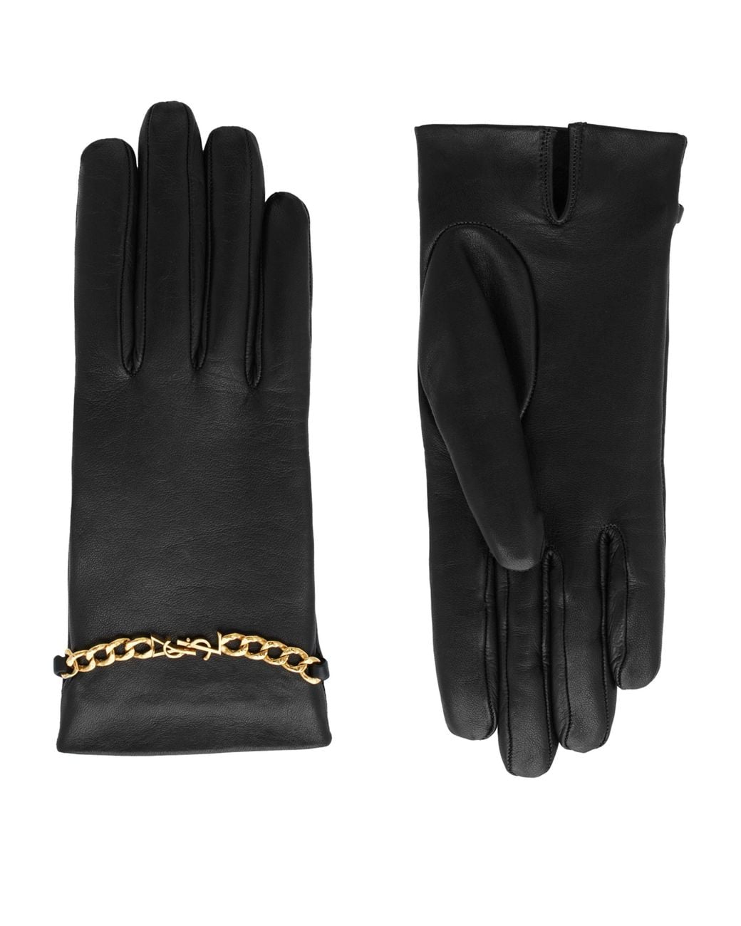 Saint Laurent Black Leather Cashmere-Lined Chain-Detail Gloves