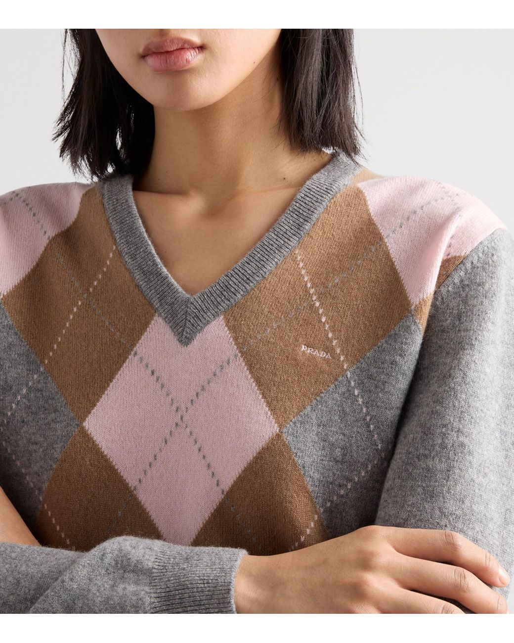 Prada Gray Cashmere Argyle V-Neck Sweater