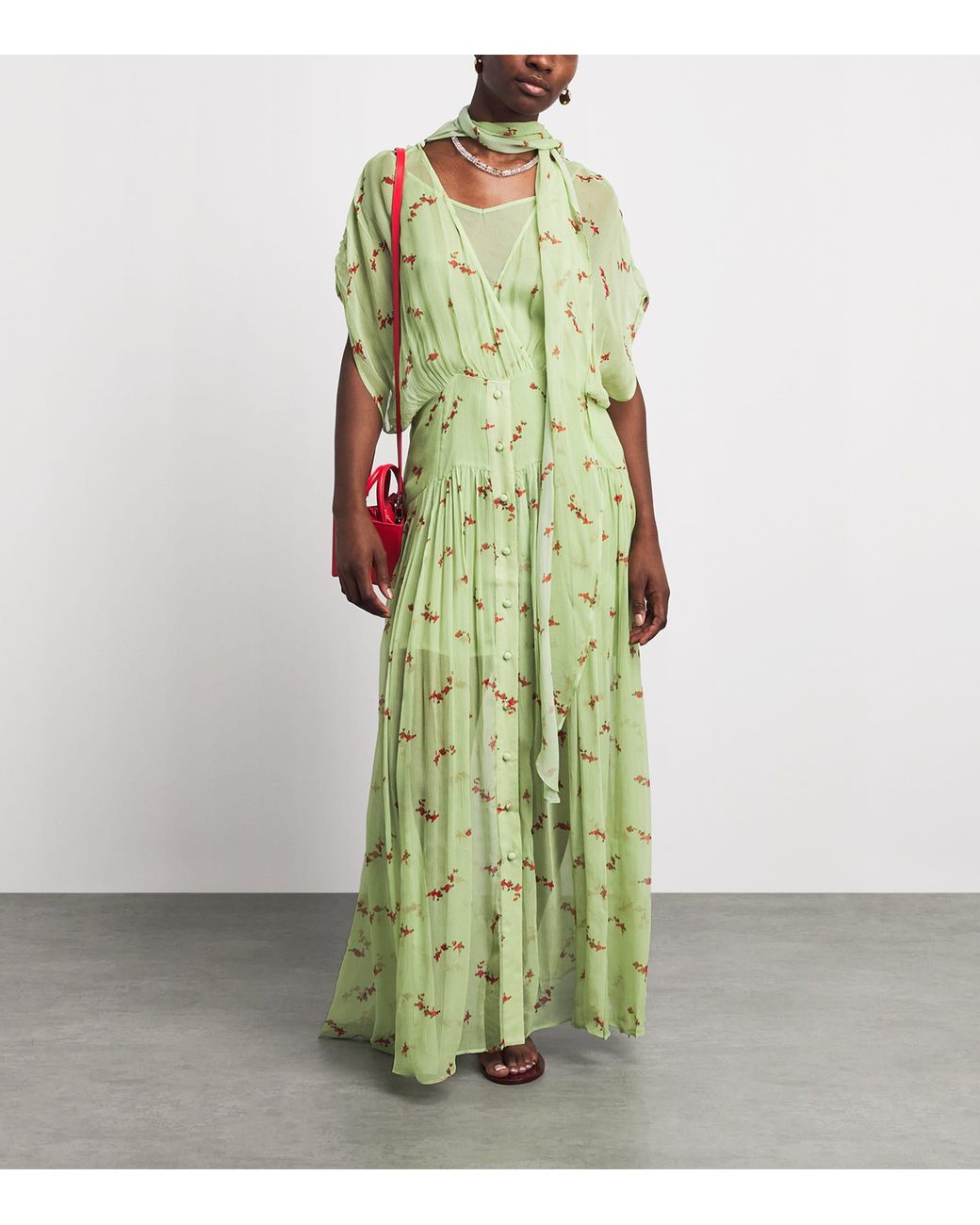 Ganni Green Organic Silk Floral Midi Dress