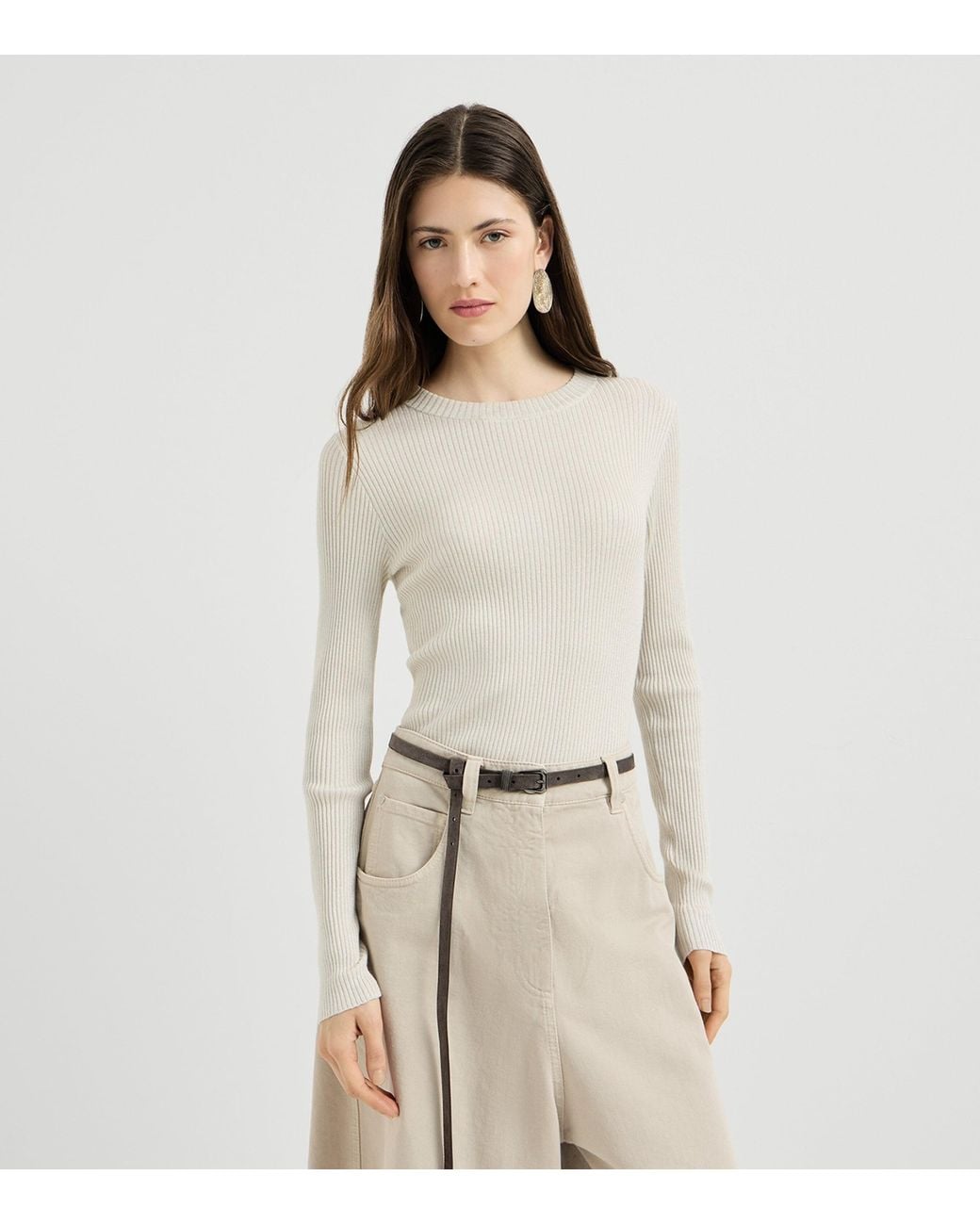 Brunello Cucinelli White Cashmere-Blend Ribbed Sparkle Sweater
