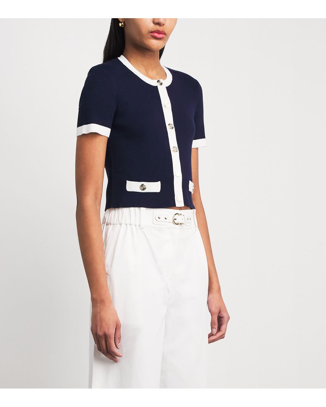 Maje Blue Contrast-Trim Cropped Cardigan