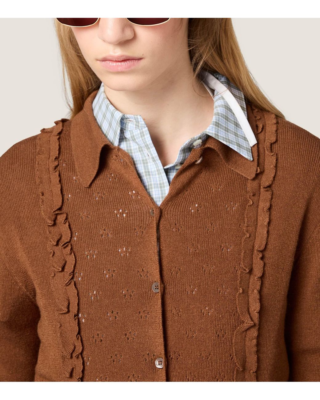 Miu Miu Brown Cashmere-Silk Ruffled Cardigan