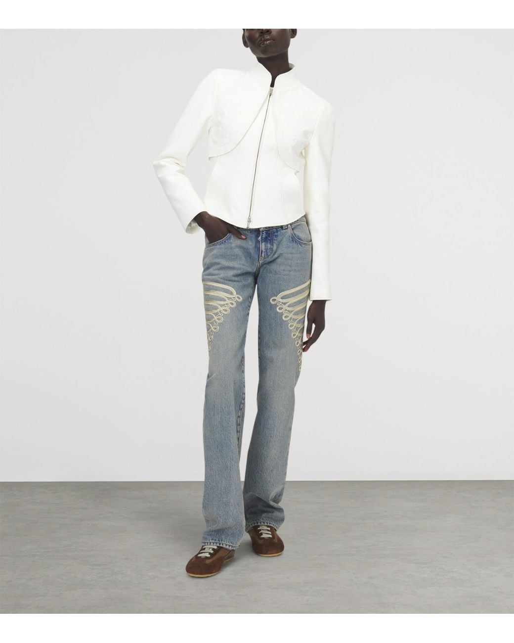 McQueen White Floral Embroidered Leather Jacket