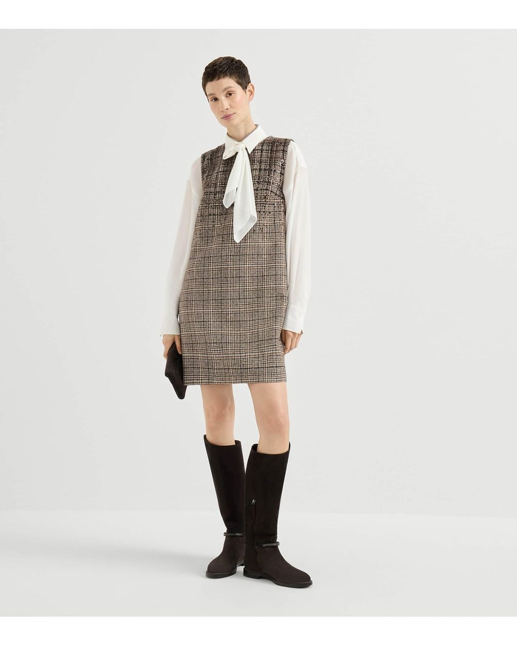 Brunello Cucinelli Brown Alpaca-Wool-Blend Check Mini Dress