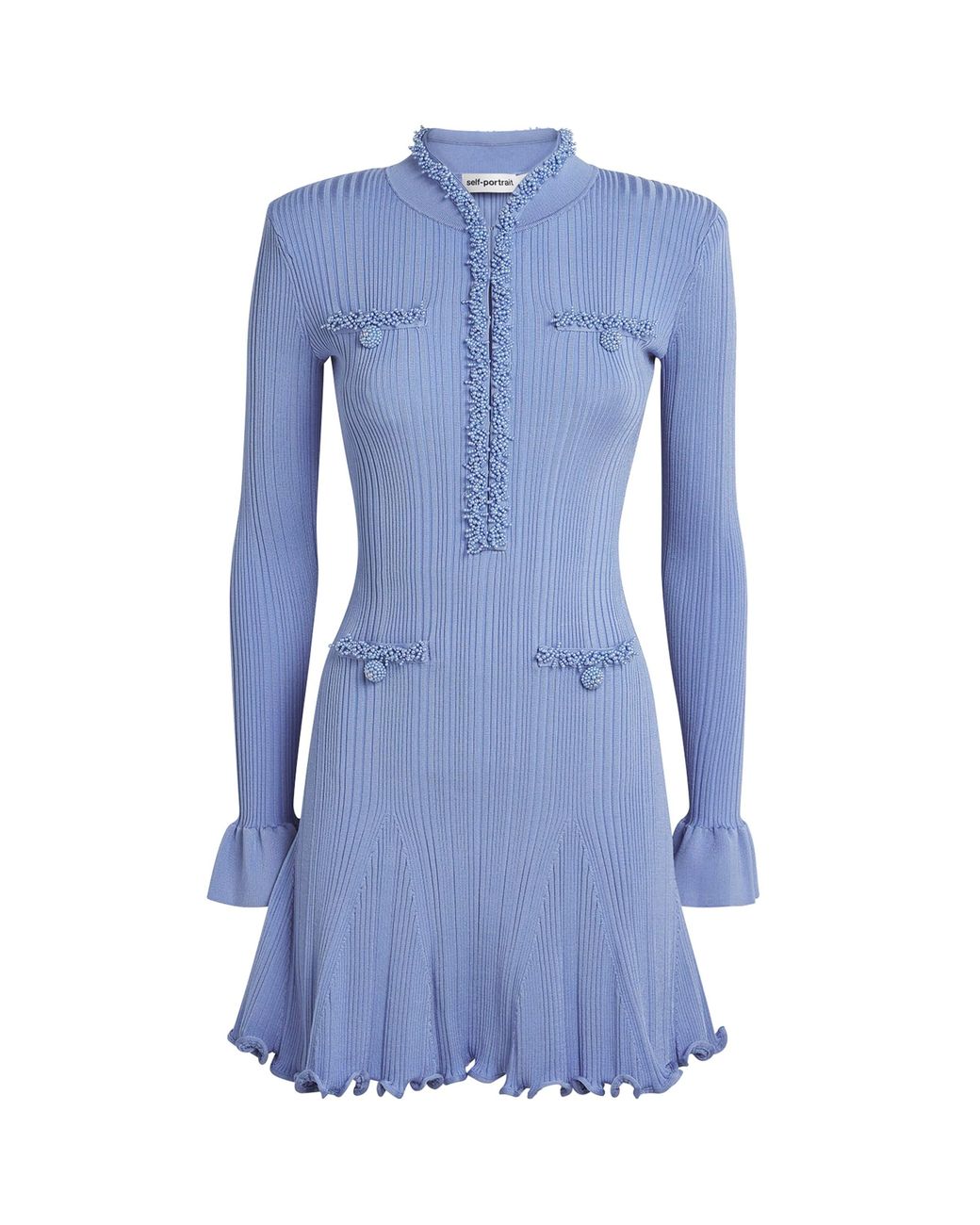 Self-Portrait Blue Embellished Knitted Mini Dress