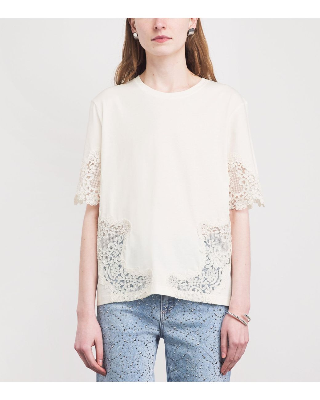 Sandro White Cotton Lace T-Shirt