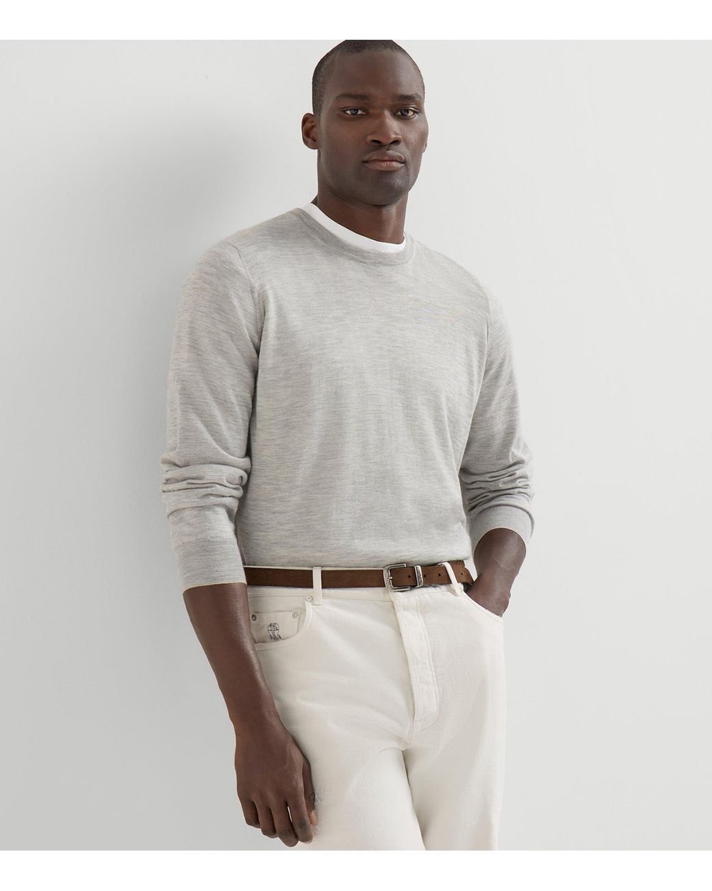 Brunello Cucinelli Gray Cashmere-Silk Crew-Neck Sweater for men