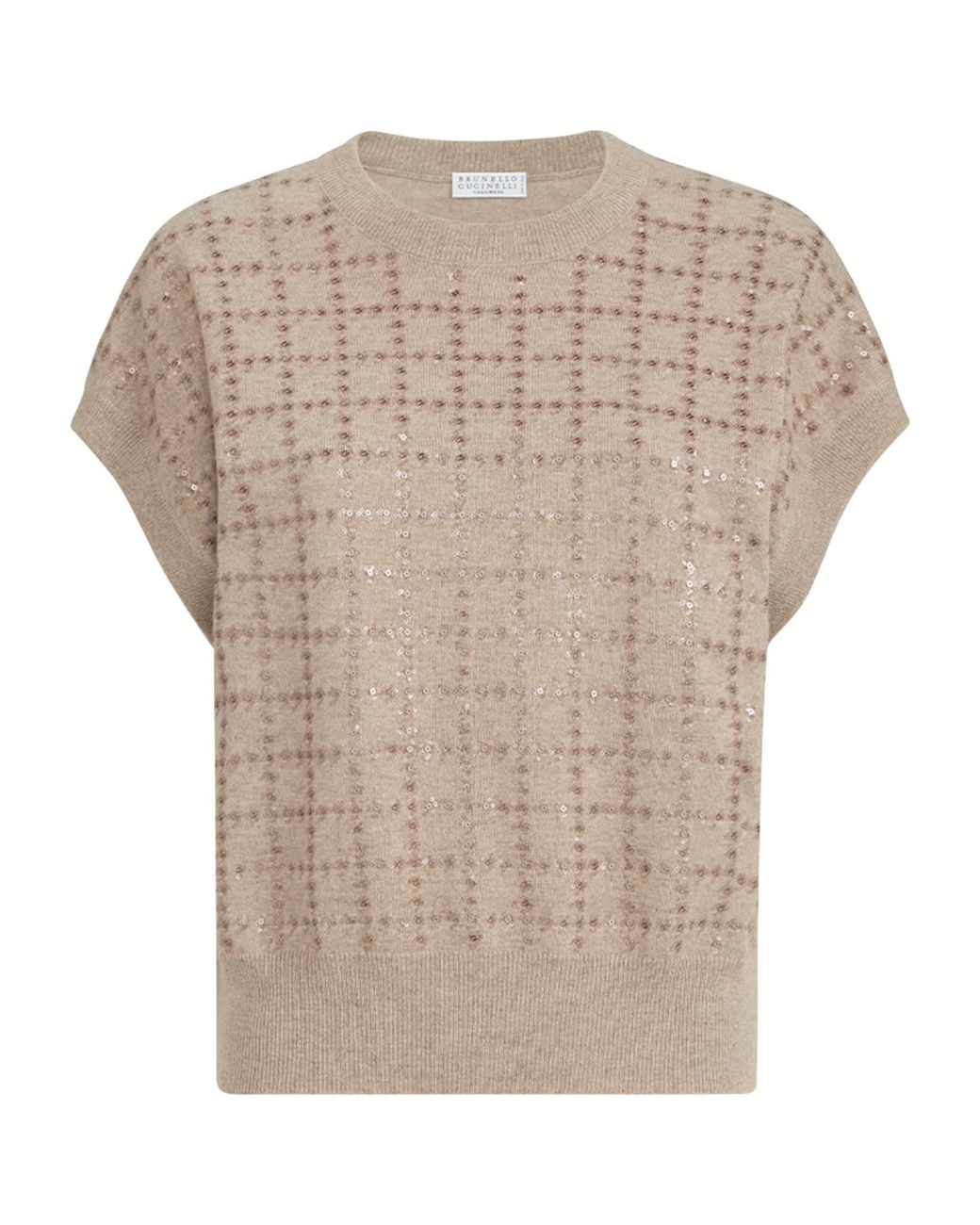 Brunello Cucinelli Natural Cashmere Sequin Check Knit T-Shirt