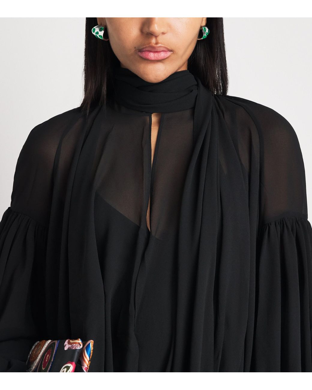 De La Vali Black Chiffon Gathered Solana Maxi Dress