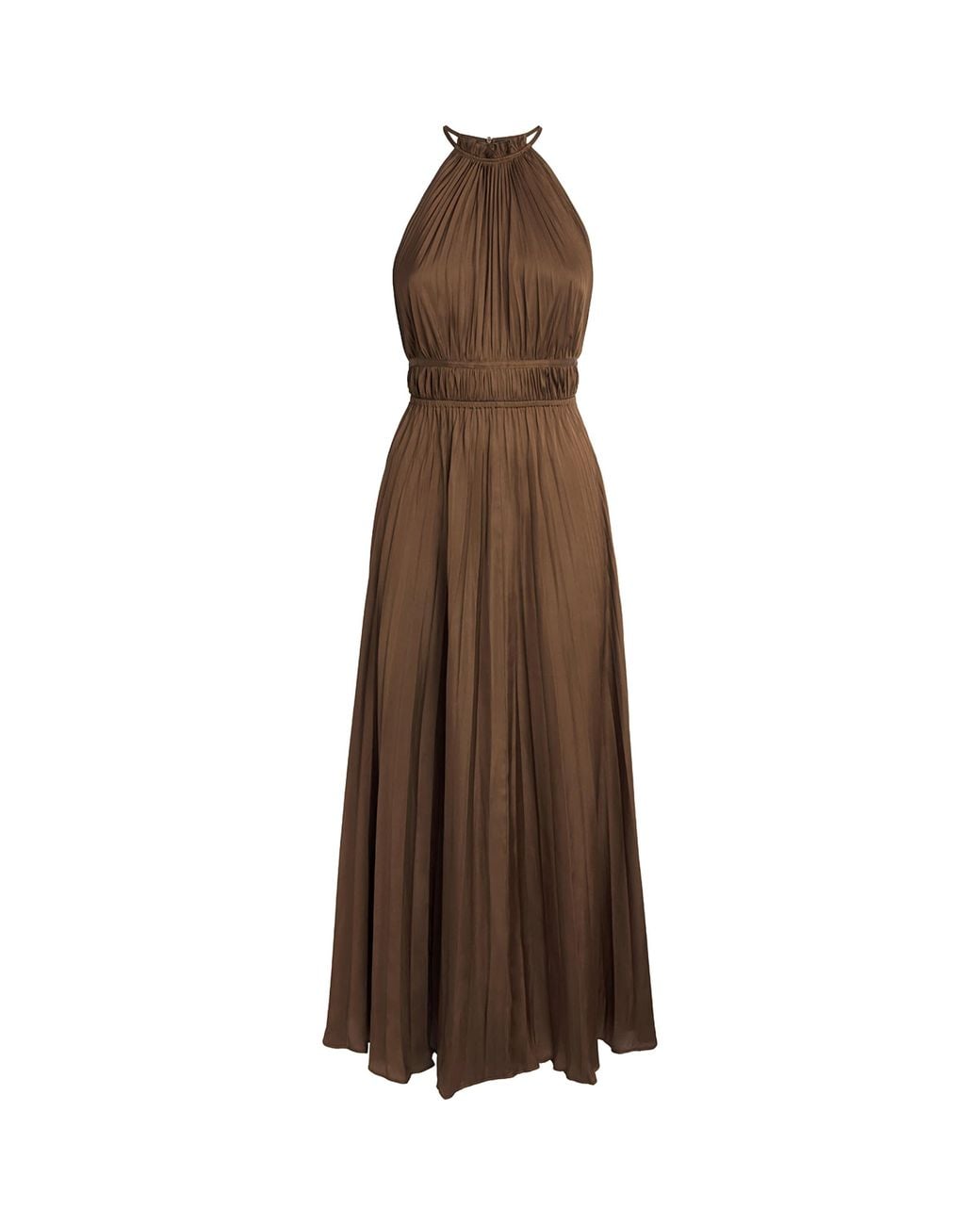 Maje Brown Satin Pleated Maxi Dress