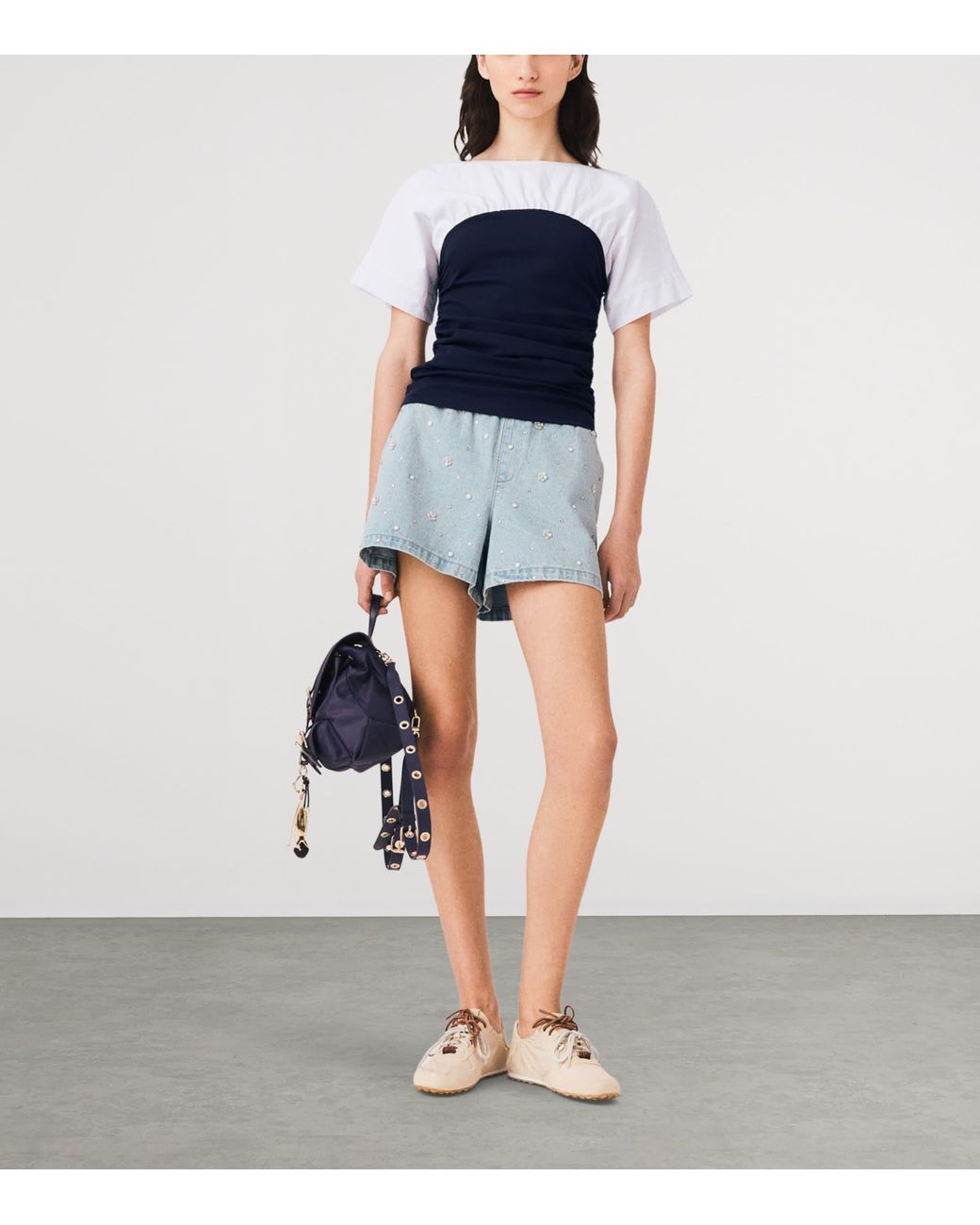 Maje Blue Cotton Gathered T-Shirt