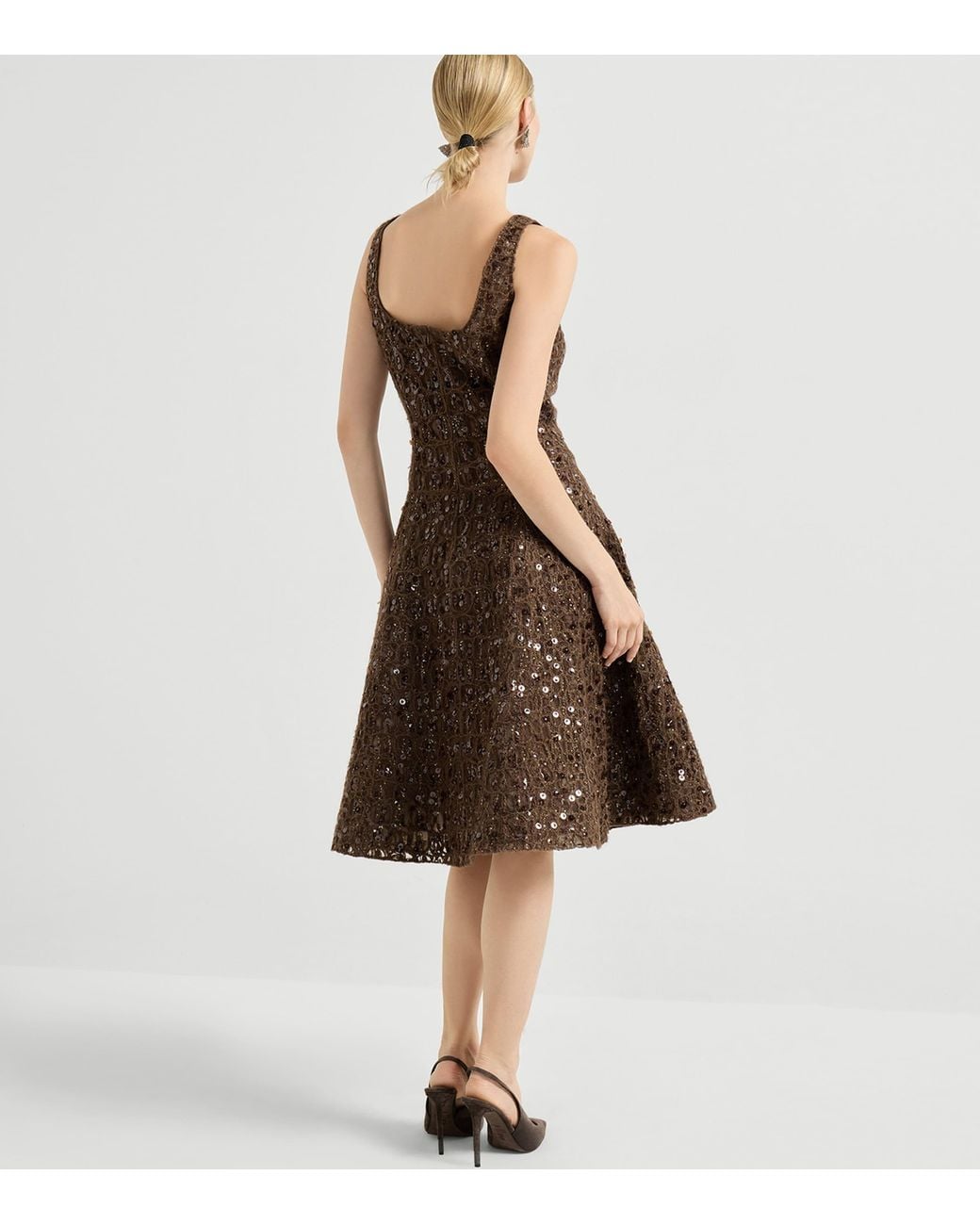 Brunello Cucinelli Brown Mohair-Silk-Linen-Blend Midi Dress