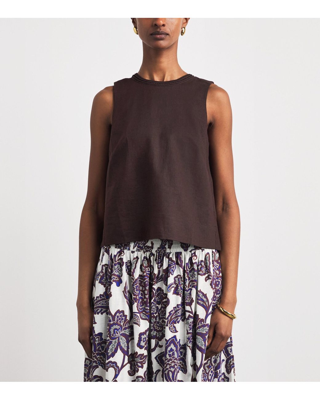 ME+EM Brown Linen-Blend Creaseless Crochet-Trim Top