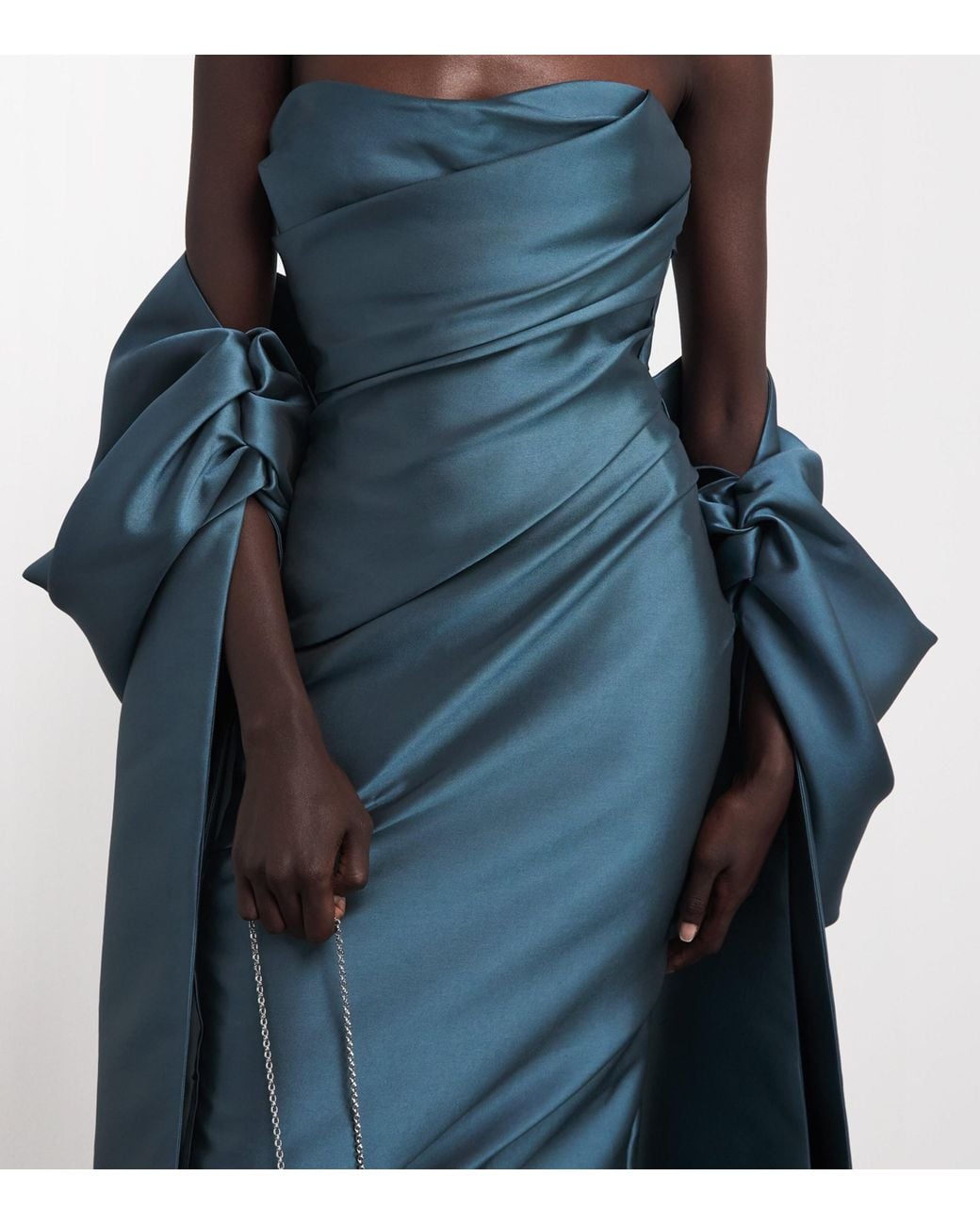 Marmar Halim Blue Satin Cape Column Gown